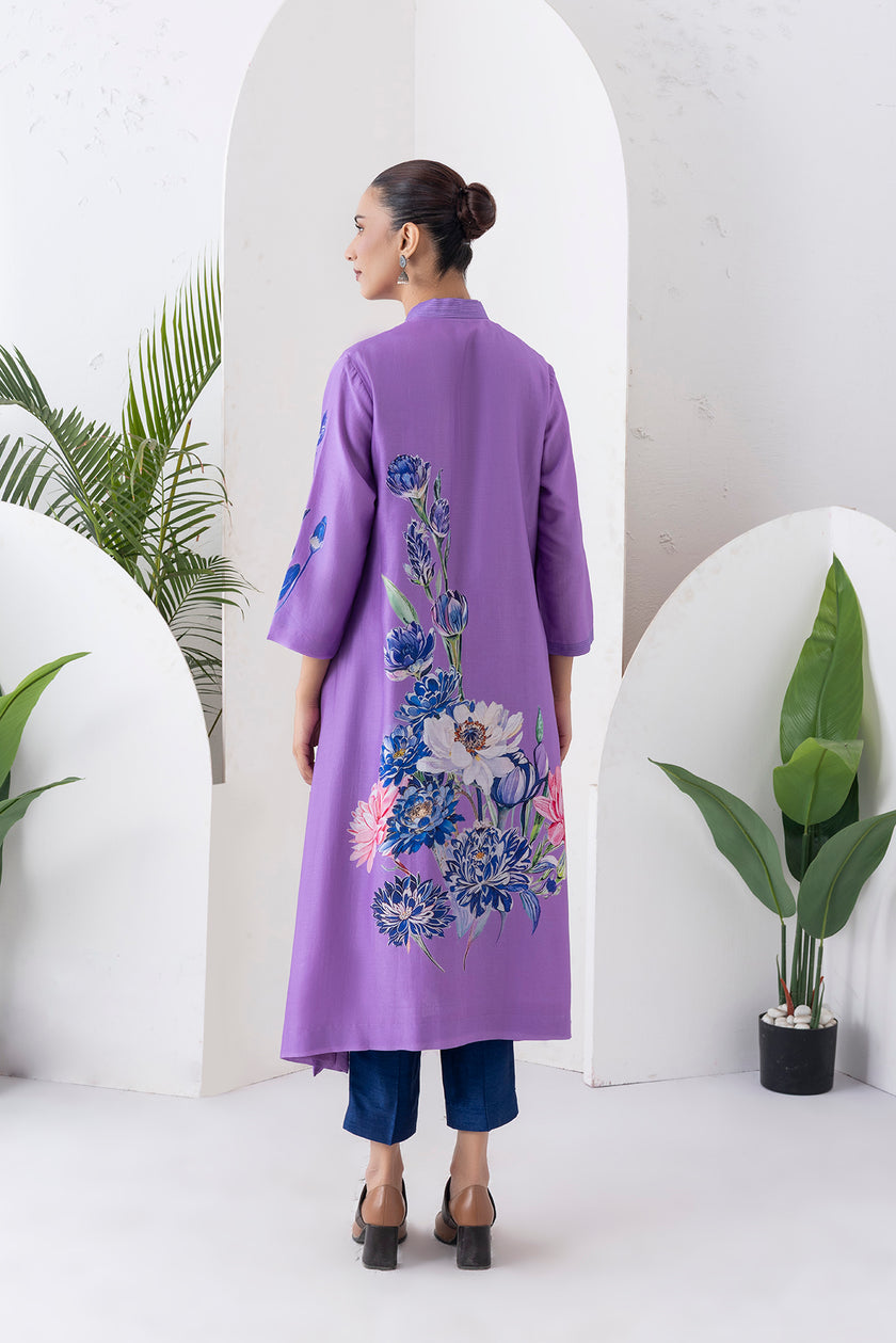 Lavender Silk Chanderi Front Open Printed Dress (1 PC)
