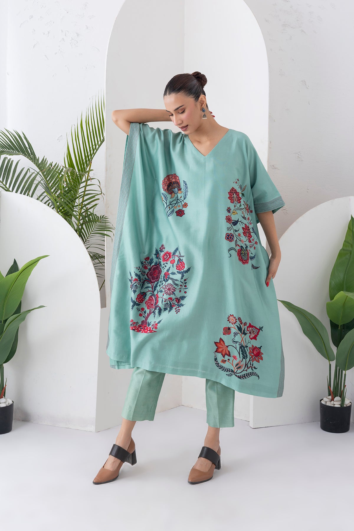Mint Silk Chanderi Chintz Printed Kaftan (1 PC)