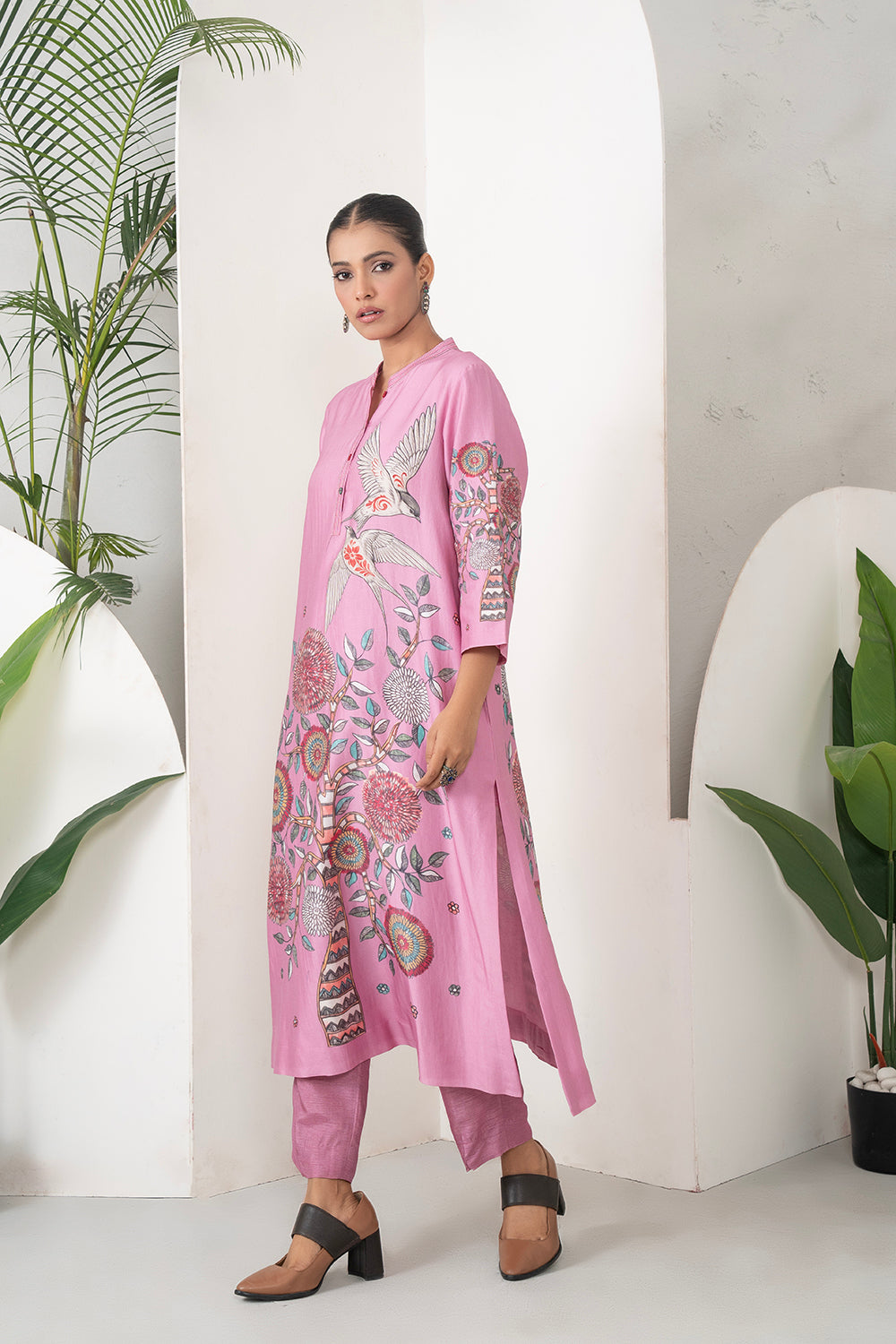 Salmon Pink Silk Chanderi Printed Intricate Bird And Floral Printed Tunic (1 PC)