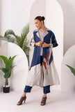 Blue & Ivory Silk Chanderi Printed Front Open Dress (1 PC)