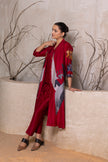 Red Silk Chanderi Printed Front Open Dress (1 PC)