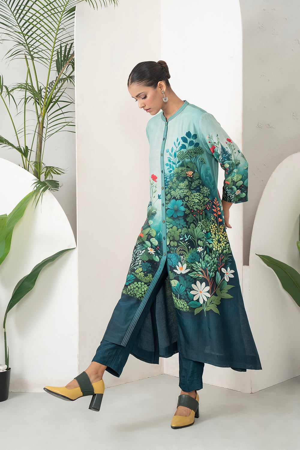 Blue Fades Gently From Mint To Midnight Silk Chanderi Hand-Painted Garden Printed Dress (1 PC)
