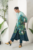 Blue Fades Gently From Mint To Midnight Silk Chanderi Hand-Painted Garden Printed Dress (1 PC)