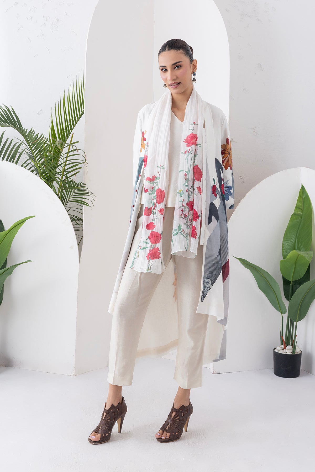 Ivory Silk Chanderi Printed High-Low Dress (1 PC)