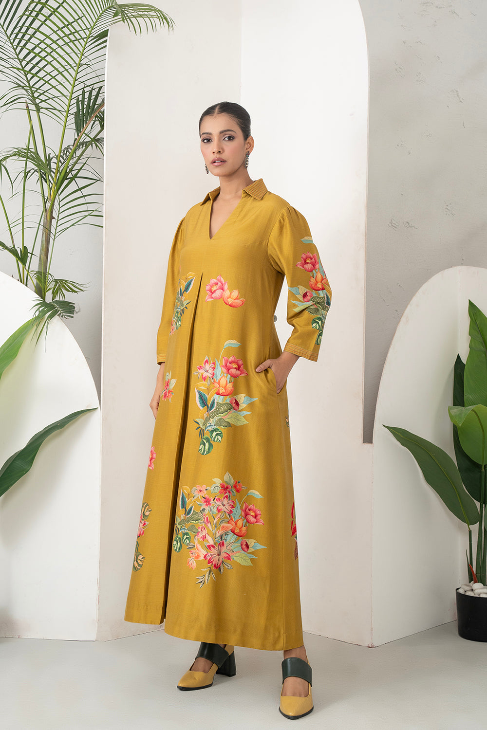 Mustard Silk Chanderi Front Pleat Detailed Colourful Floral Printed Dress (1 PC)