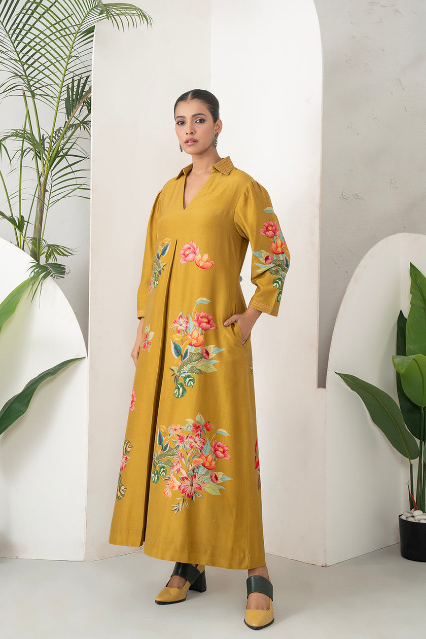 Mustard Silk Chanderi Front Pleat Detailed Colourful Floral Printed Dress (1 PC)
