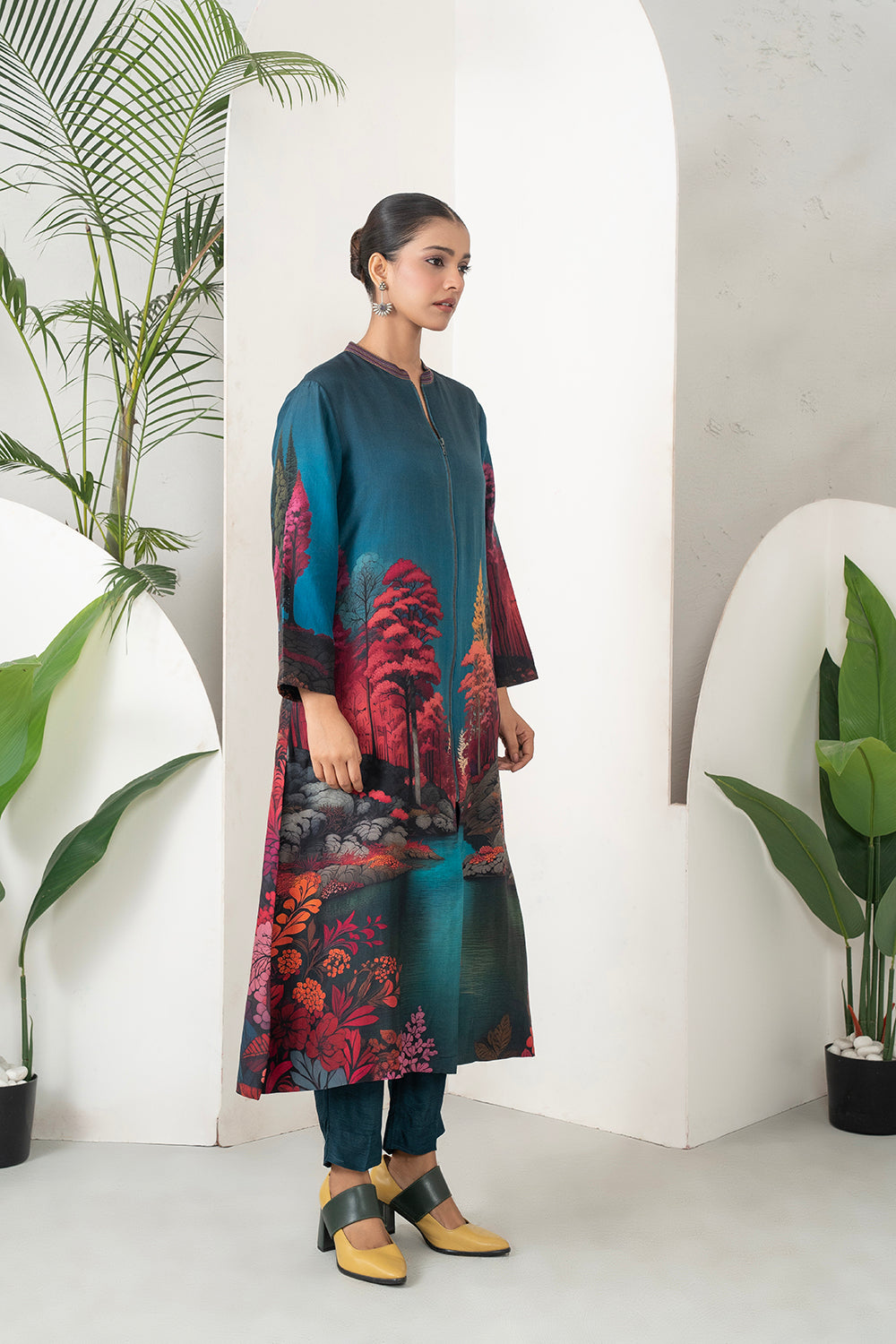 Deep Teal Fades Into Twilight Blue Silk Chanderi Forest Scene Printed Dress (1 PC)