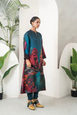 Deep Teal Fades Into Twilight Blue Silk Chanderi Forest Scene Printed Dress (1 PC)