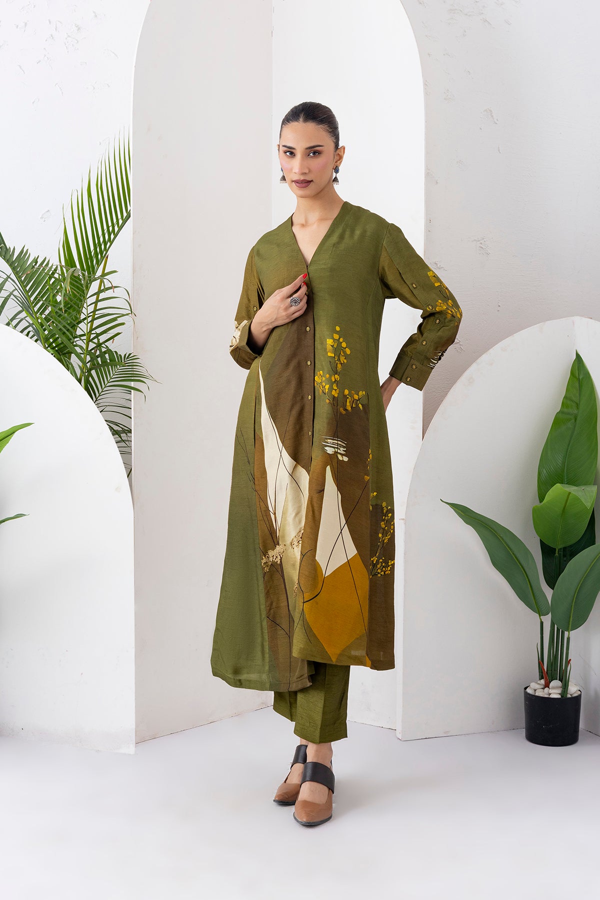 Moss Green Shaded Viscose Dupion Printed High-Low Dress (1 PC)