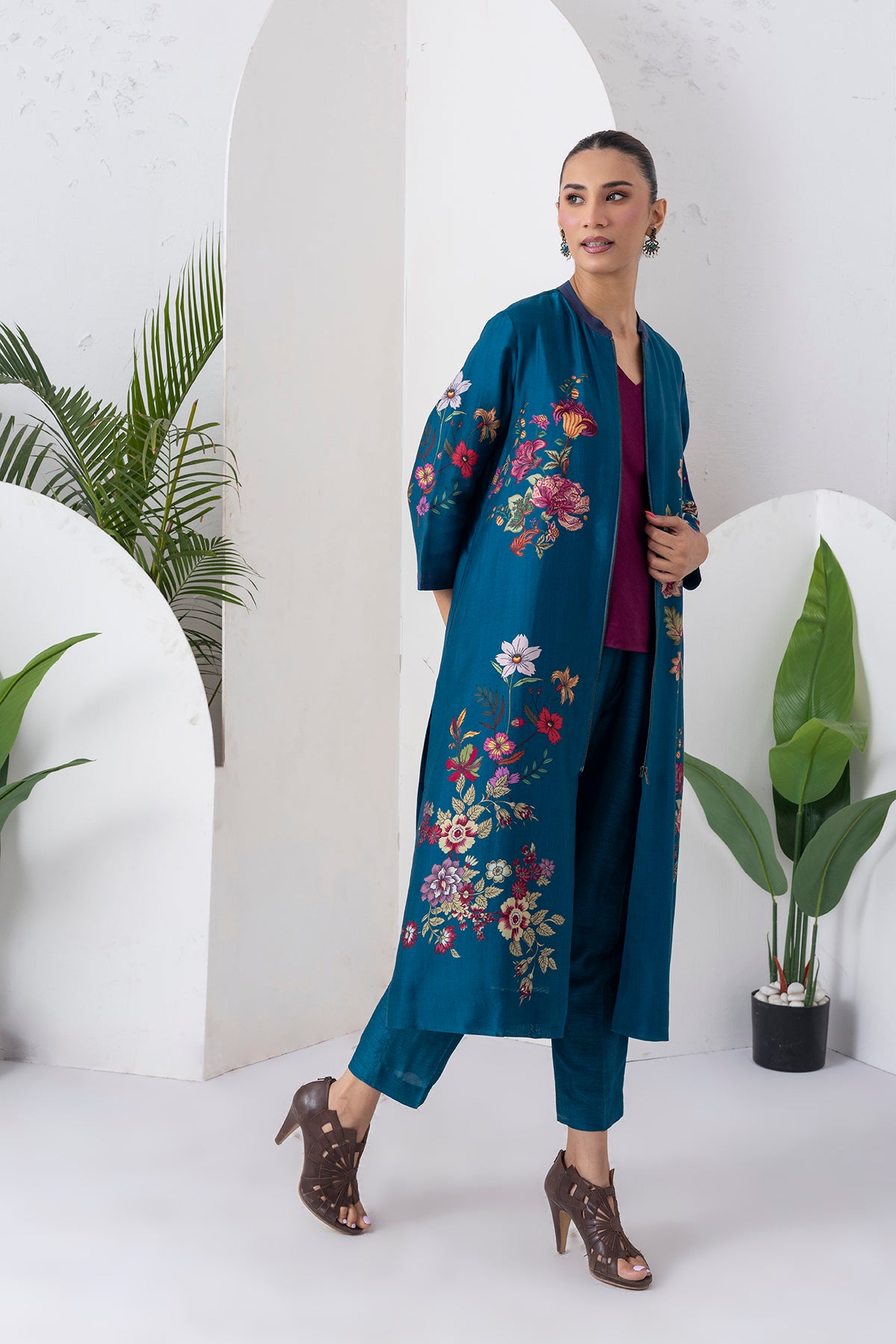 Indigo Silk Chanderi Floral Printed Front-Zip Dress (1 PC)