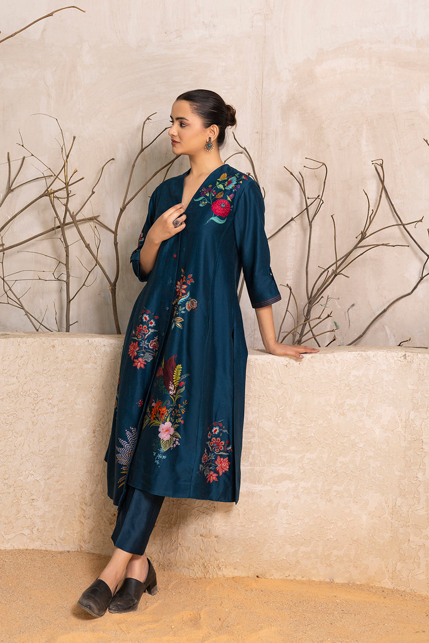 Indigo Silk Chanderi Printed High-Low Dress (1 PC)