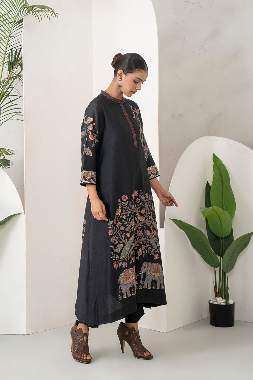 Black Silk Chanderi Rich Folk-Inspired Printed Tunic (1 PC)