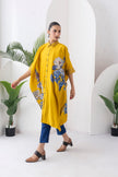 Yellow Silk Chanderi Front Open Kaftan Style Printed Dress (1 PC)