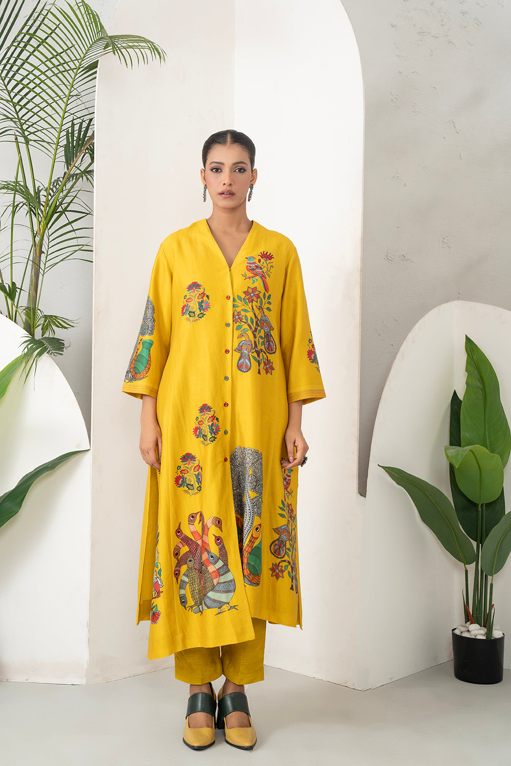 Yellow Silk Chanderi Front Open Striking Bird And Floral Printed Dress (1 PC)