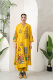 Yellow Silk Chanderi Front Open Striking Bird And Floral Printed Dress (1 PC)