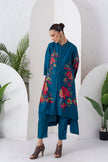 Indigo Silk Chanderi Printed Front Open Floral High-Low Dress (1 PC)