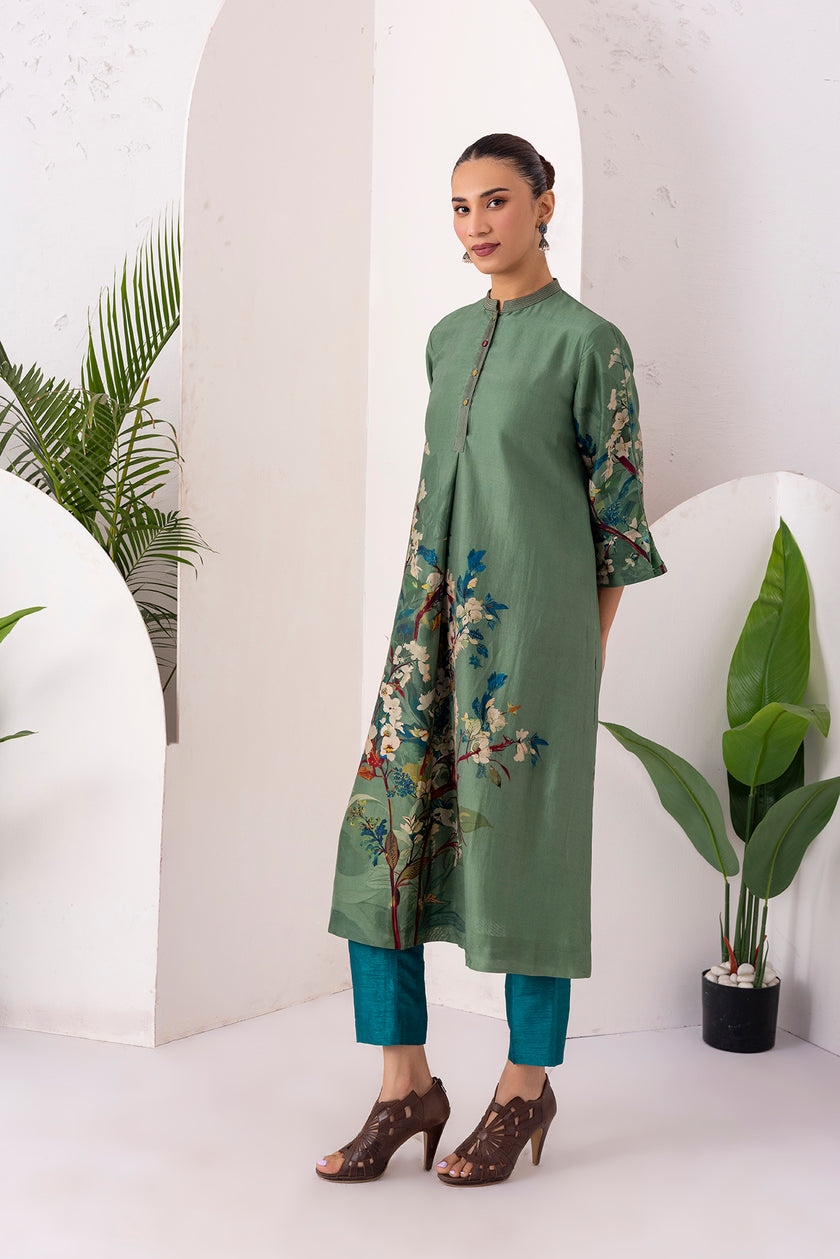 Sage Green Silk Chanderi Printed Front Pleat Tunic (1 PC)