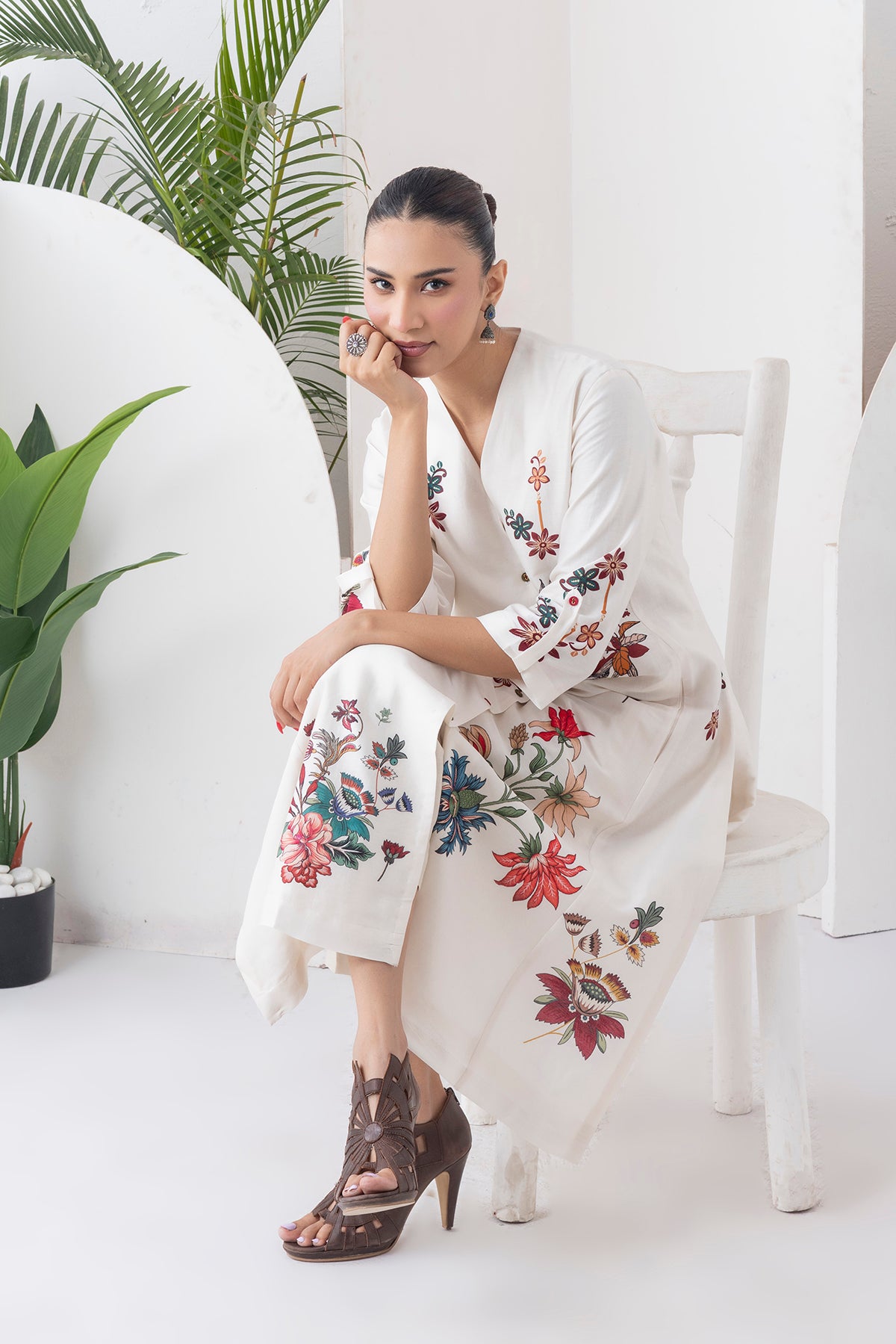Ivory Silk Chanderi Printed High-Low Dress (1 PC)