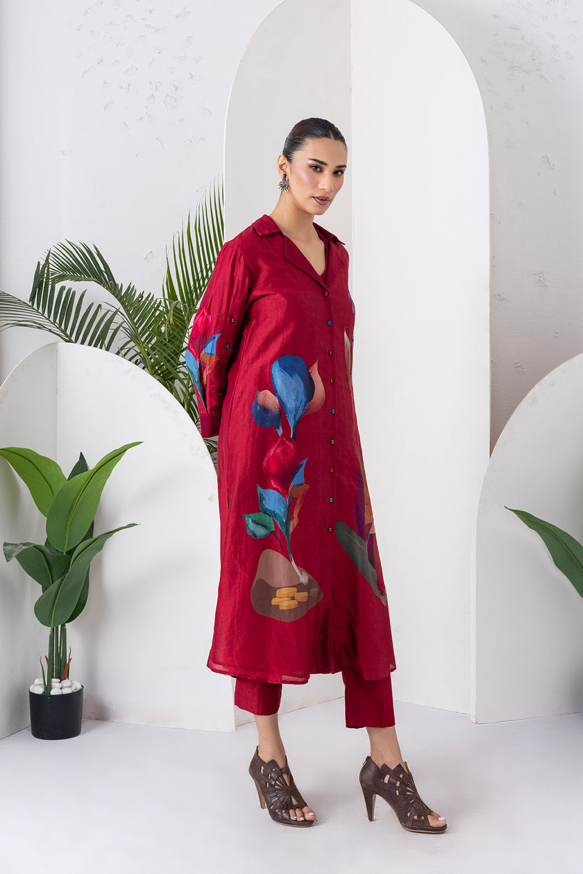 Red Silk Chanderi Printed Front Open Dress (1 PC)