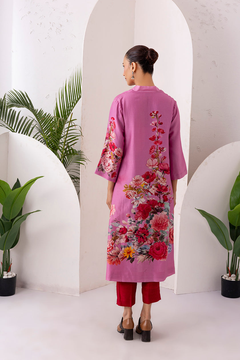 Salmon Pink Silk Chanderi Printed Tunic (1 PC)