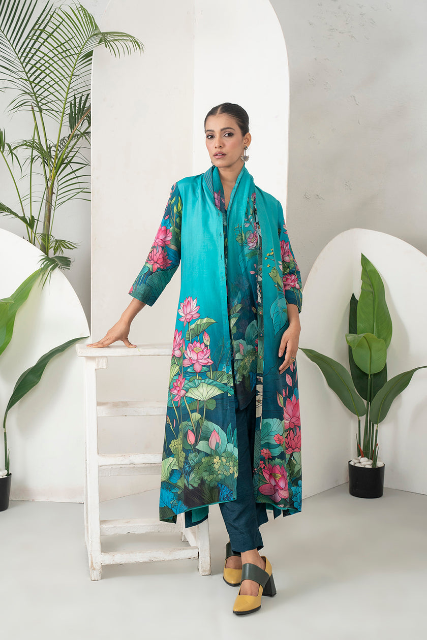 Aqua Fades Into Deep Blue Thin Chanderi Lush Lotus Printed Stole (1 PC)