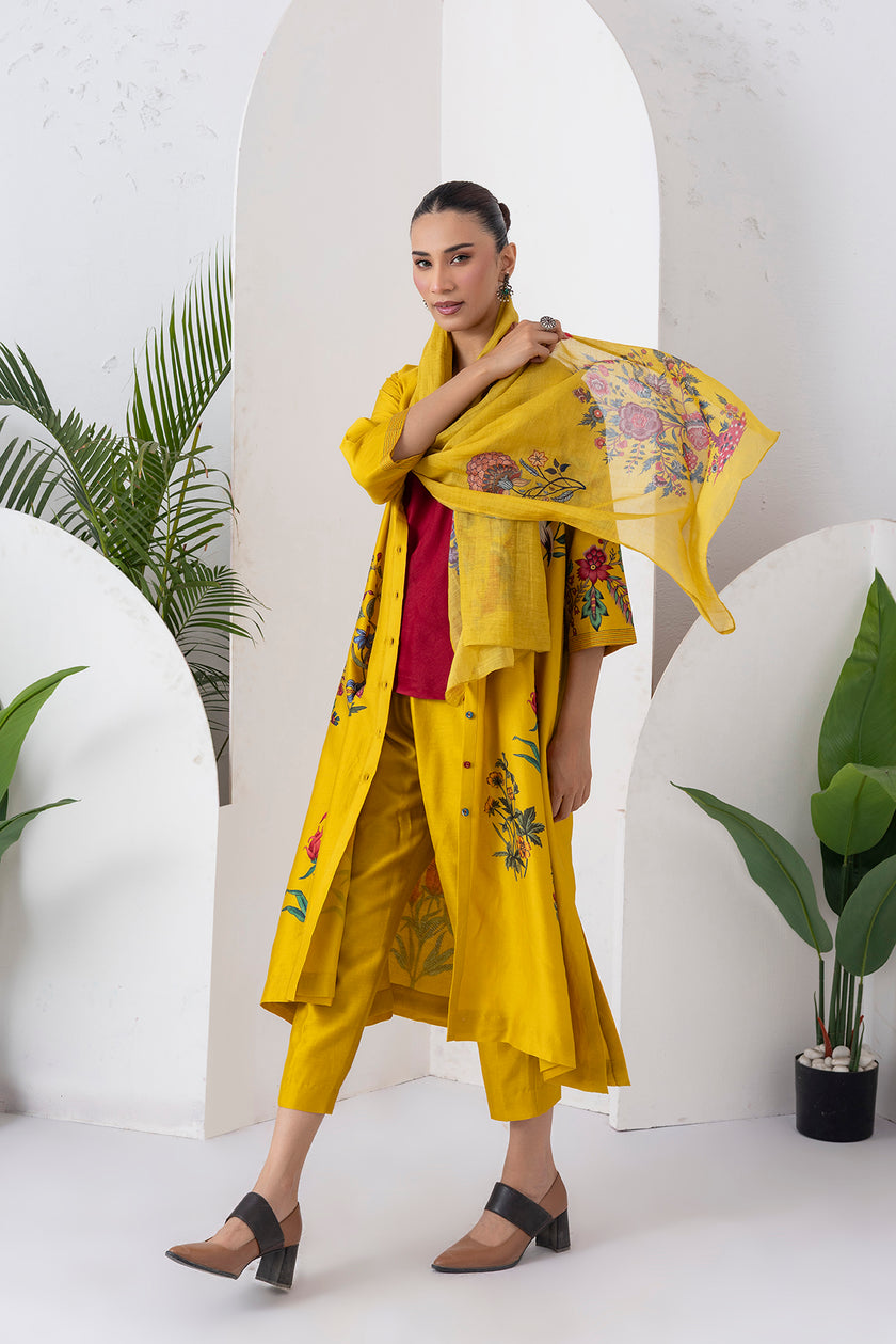 Yellow Silk Chanderi Floral Printed Front Open Dress (1 PC)