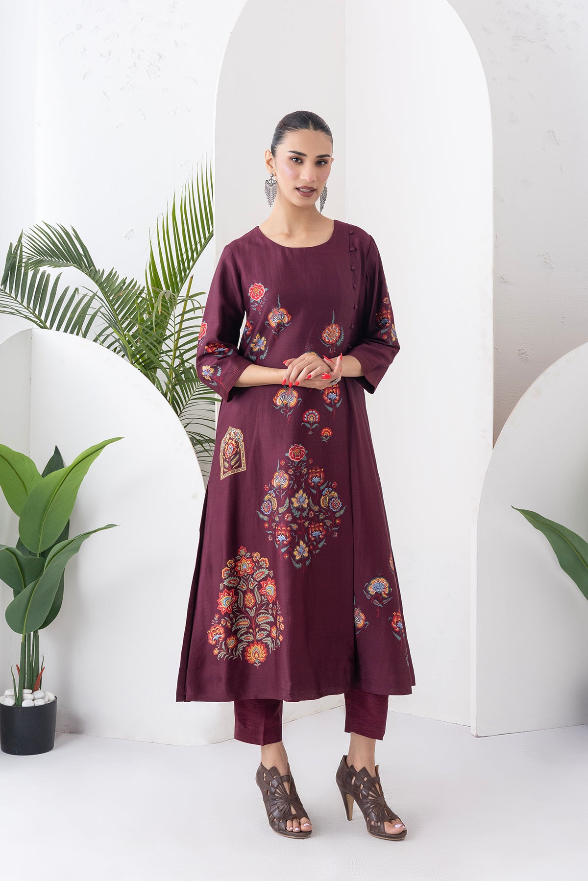 Chocolate Brown Silk Chanderi Printed Side Panel Dress (1 PC)