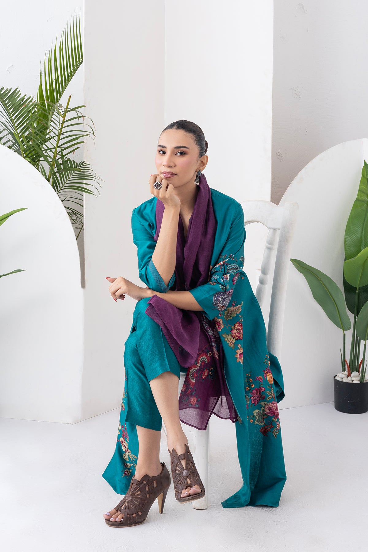 Emerald Silk Chanderi Floral Printed Front-Zip Dress (1 PC)