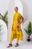 Yellow Silk Chanderi Printed Front Open Floral High-Low Dress (1 PC)