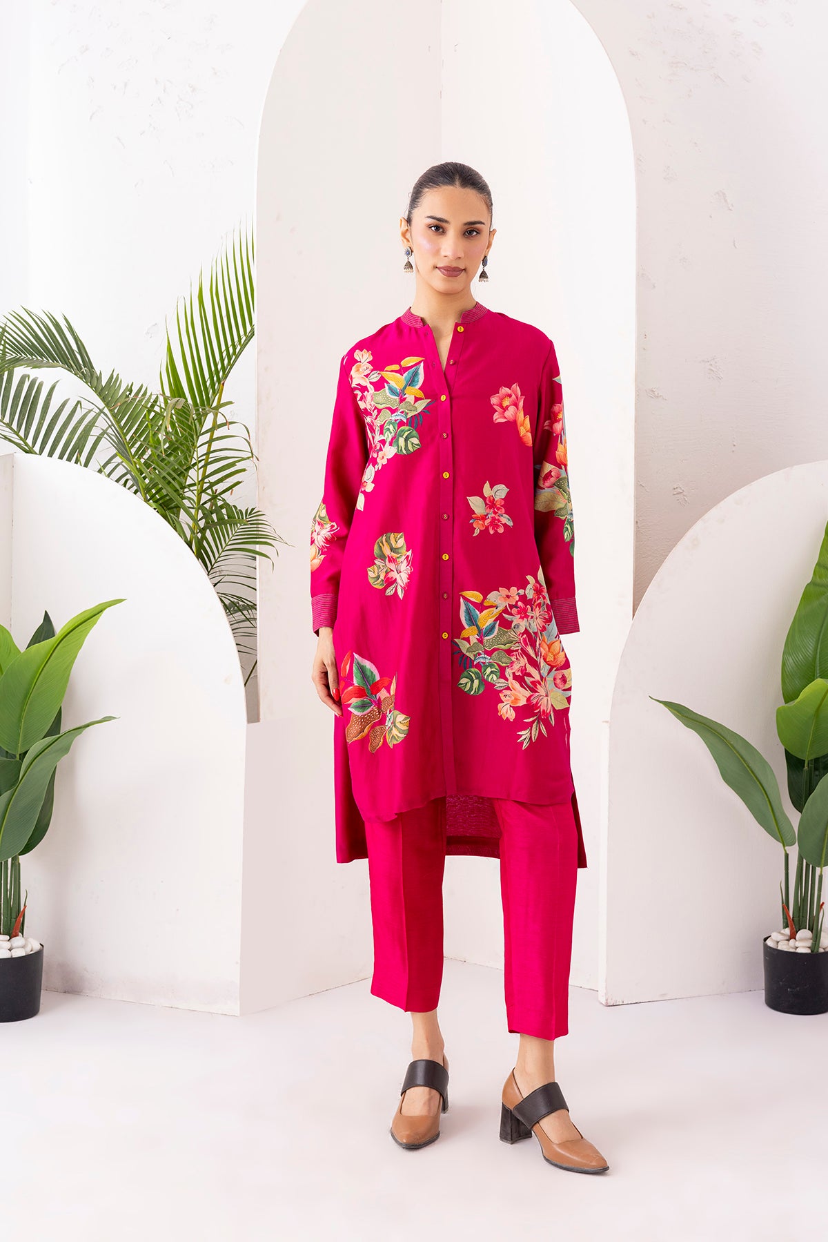Hot Pink Silk Chanderi Floral Printed Shirt Style Tunic (1 PC)