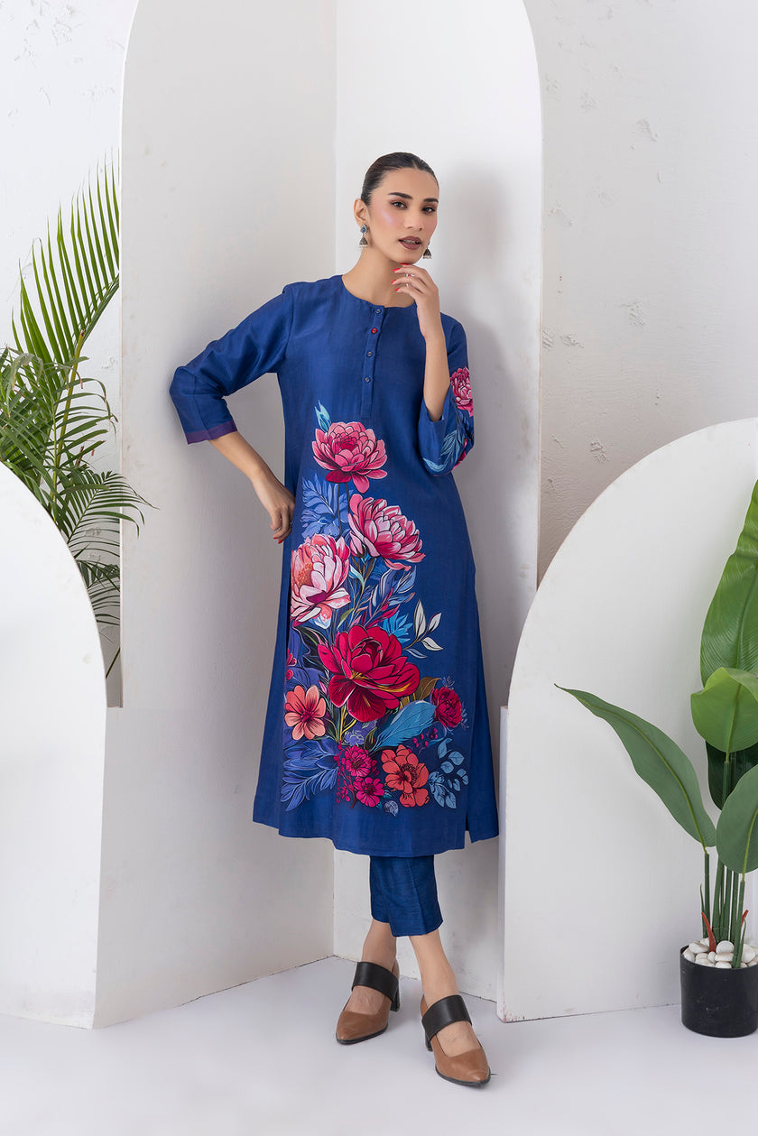 Cobalt Blue Silk Chanderi Printed Tunic (1 PC)