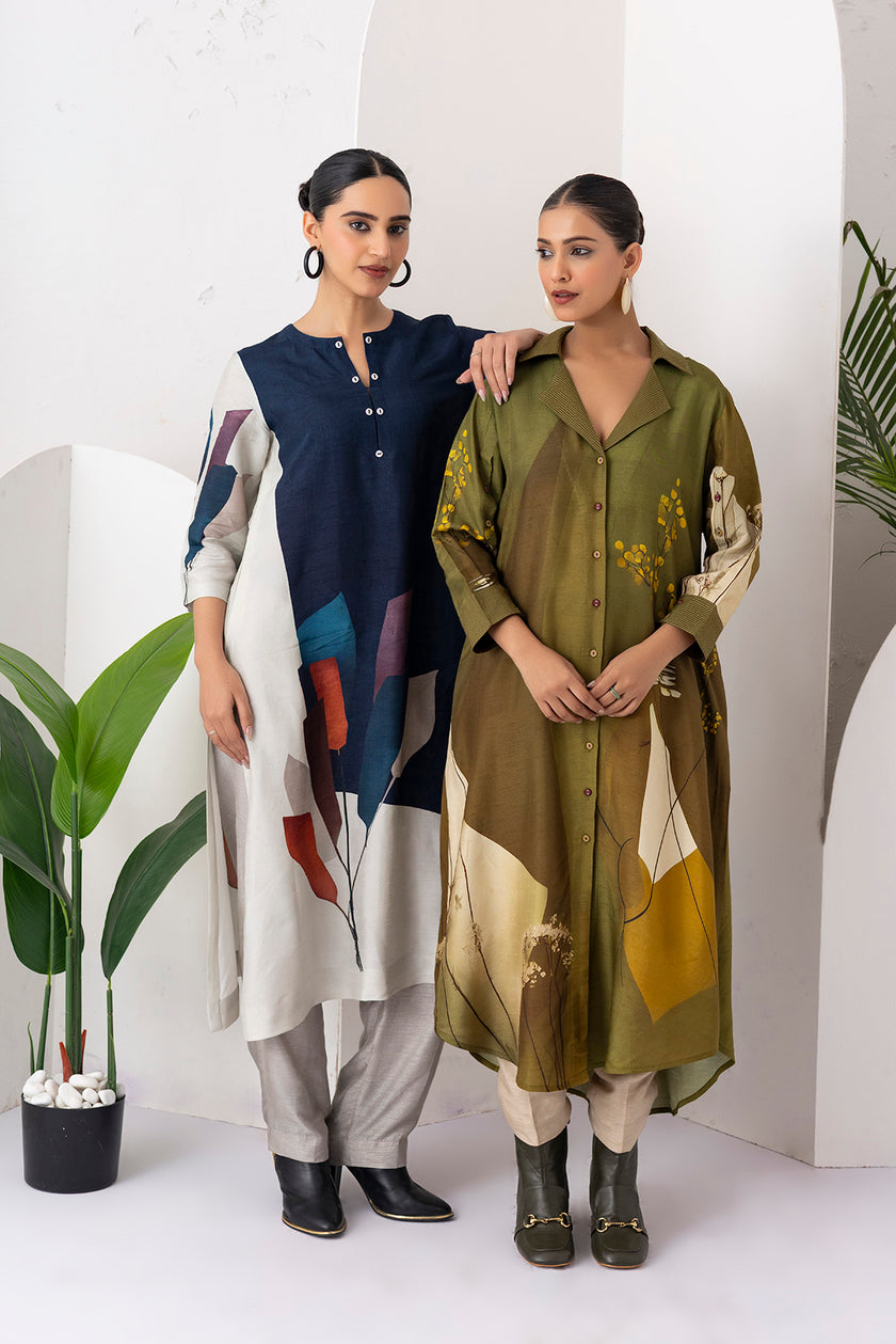 Moss Green Shaded Viscose Dupion Printed Dress (1 PC)
