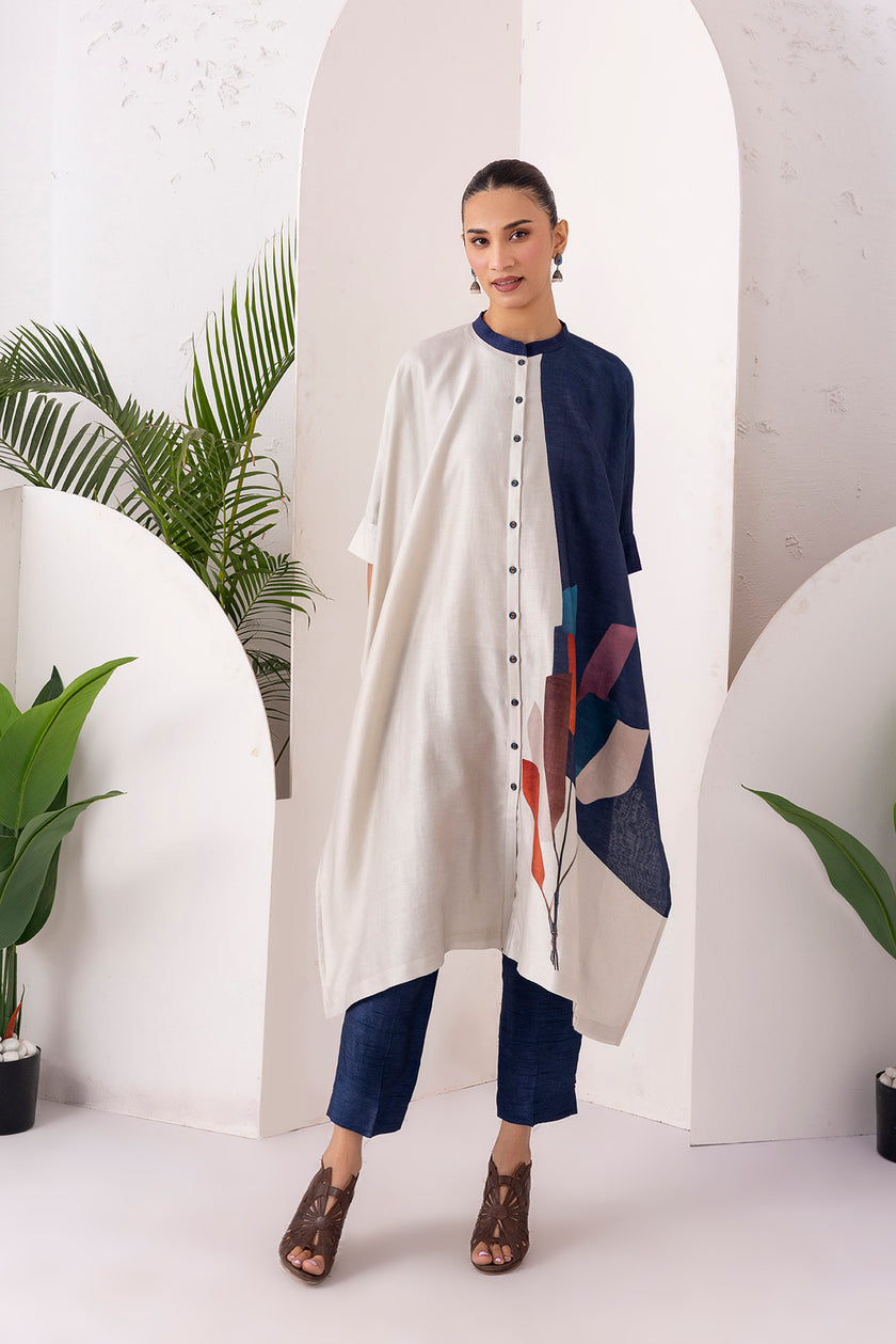 Blue & Ivory Silk Chanderi Printed Kaftan Style Dress (1 PC)