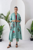 Mint Silk Chanderi Floral Printed Front Open Dress (1 PC)