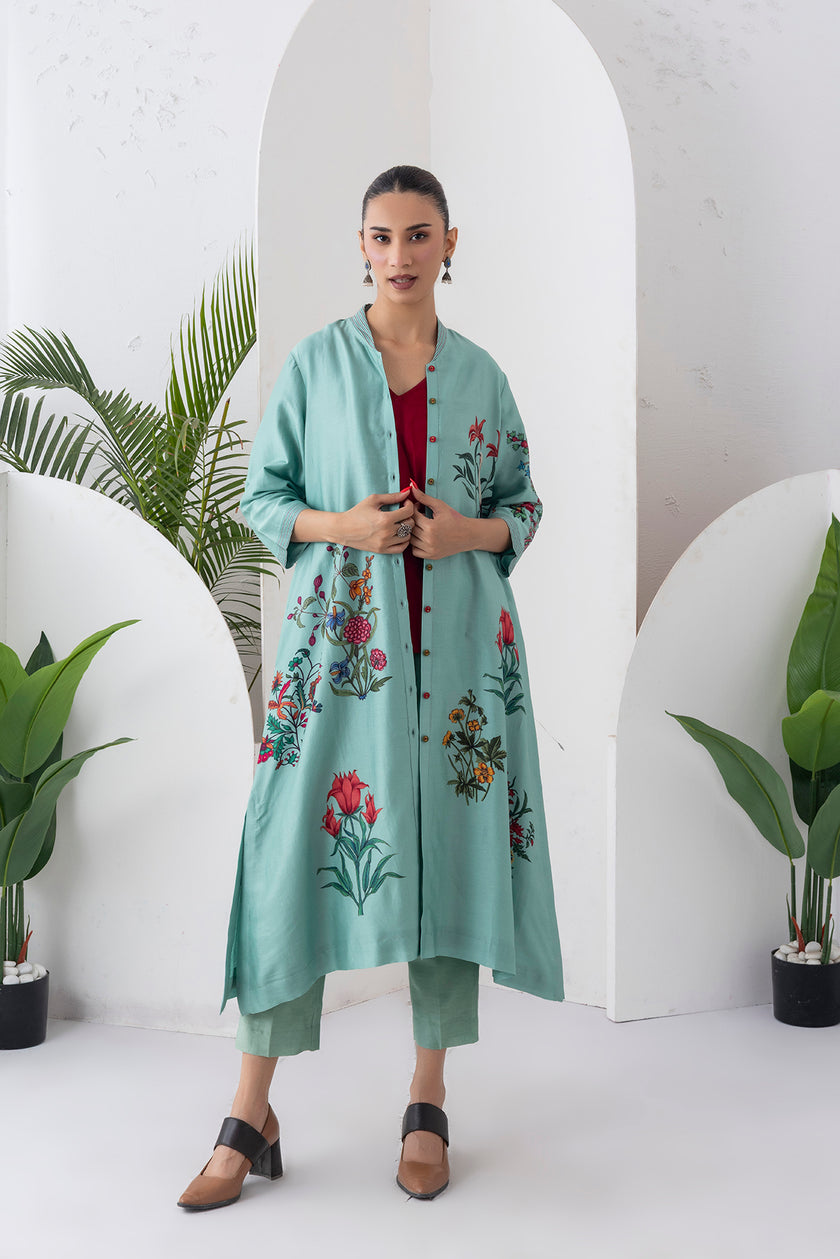 Mint Silk Chanderi Floral Printed Front Open Dress (1 PC)