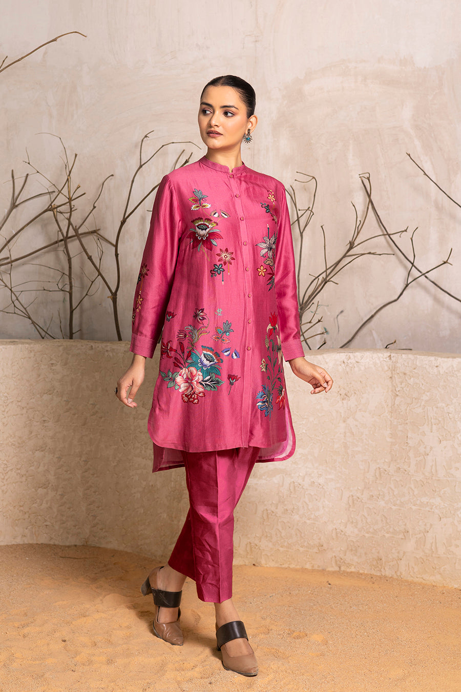 Old Rose Silk Chanderi Printed Shirt Style Tunic (1 PC)