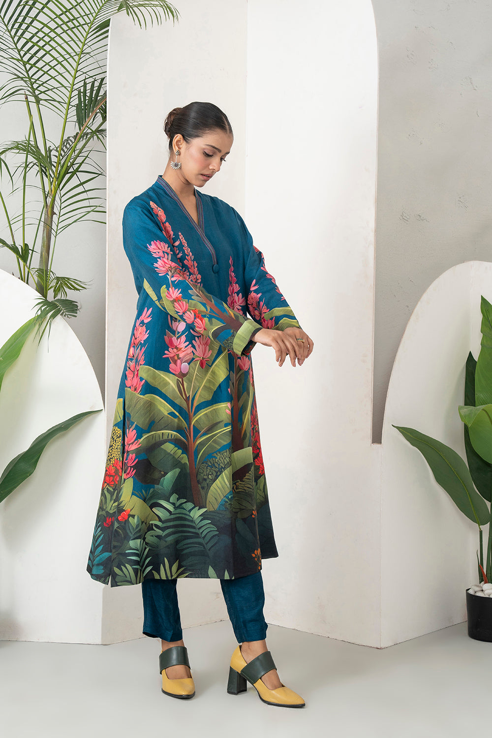 Indigo Silk Chanderi Front-Pleated Tropical Floral Illustration Printed Dress (1 PC)