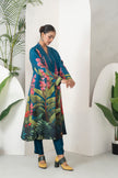 Indigo Silk Chanderi Front-Pleated Tropical Floral Illustration Printed Dress (1 PC)