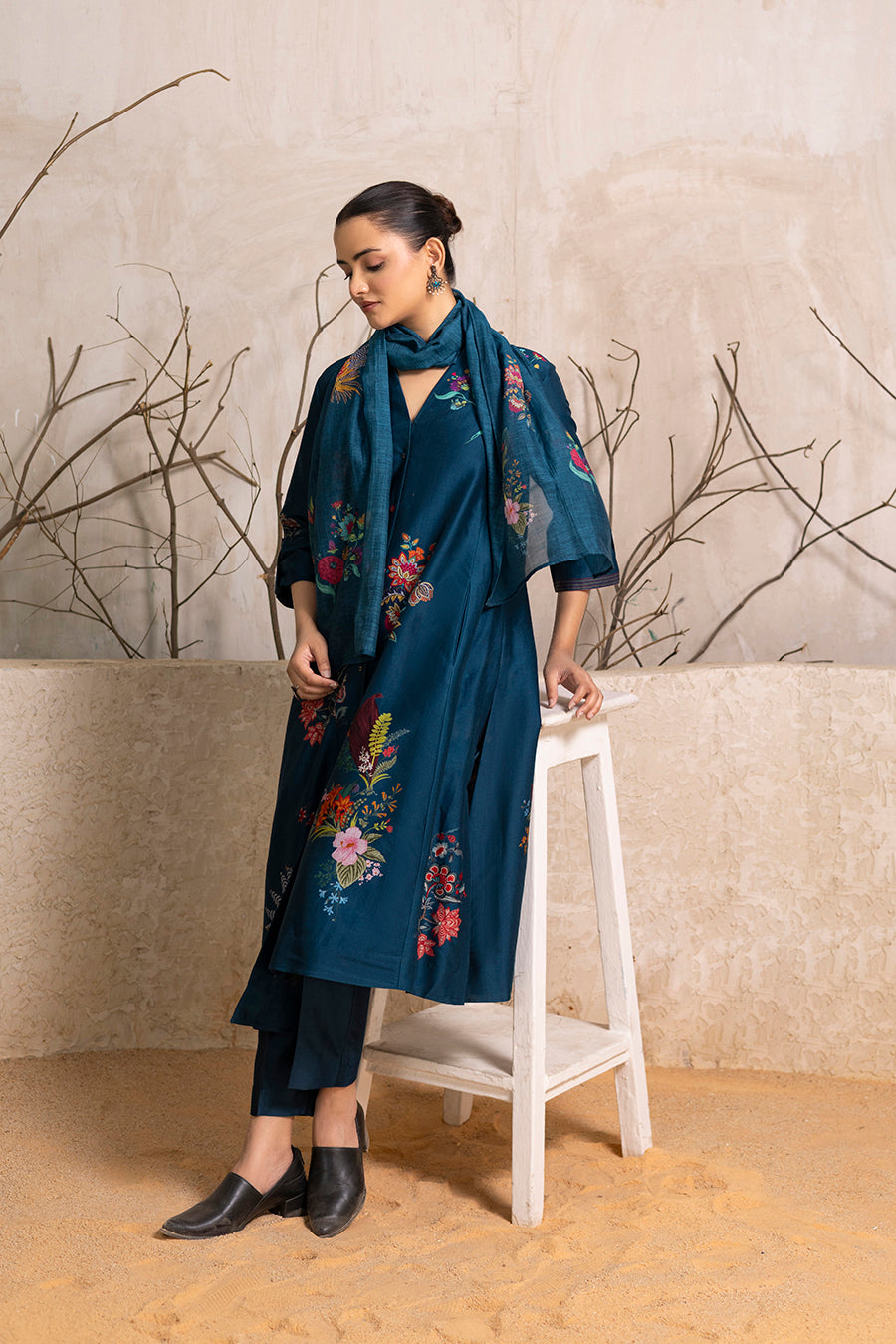 Indigo Silk Chanderi Printed High-Low Dress (1 PC)