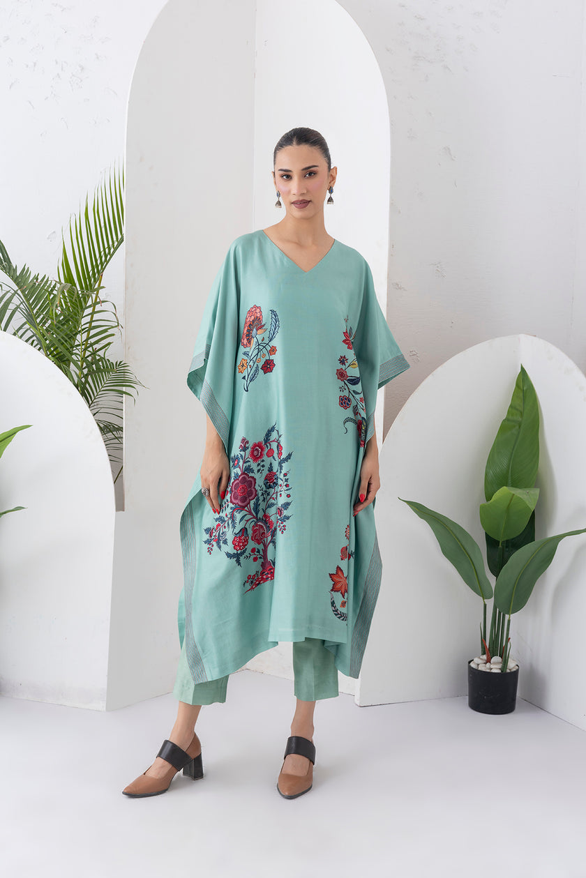 Mint Silk Chanderi Chintz Printed Kaftan (1 PC)