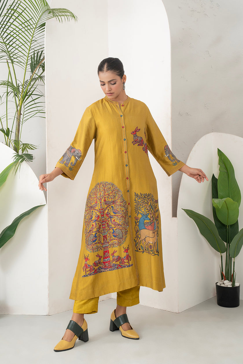 Mustard Silk Chanderi Traditional Inspired Printed Dress (1 PC)
