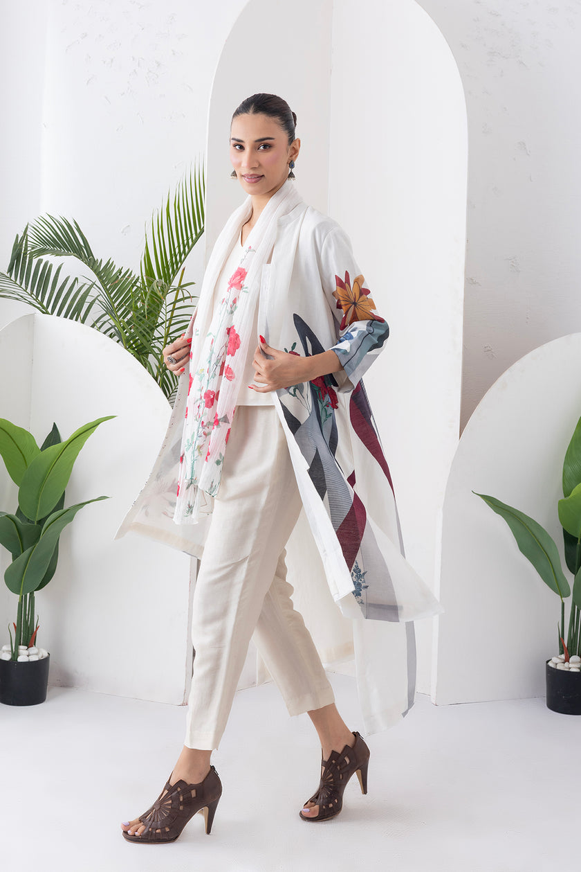 Ivory Silk Chanderi Printed High-Low Dress (1 PC)