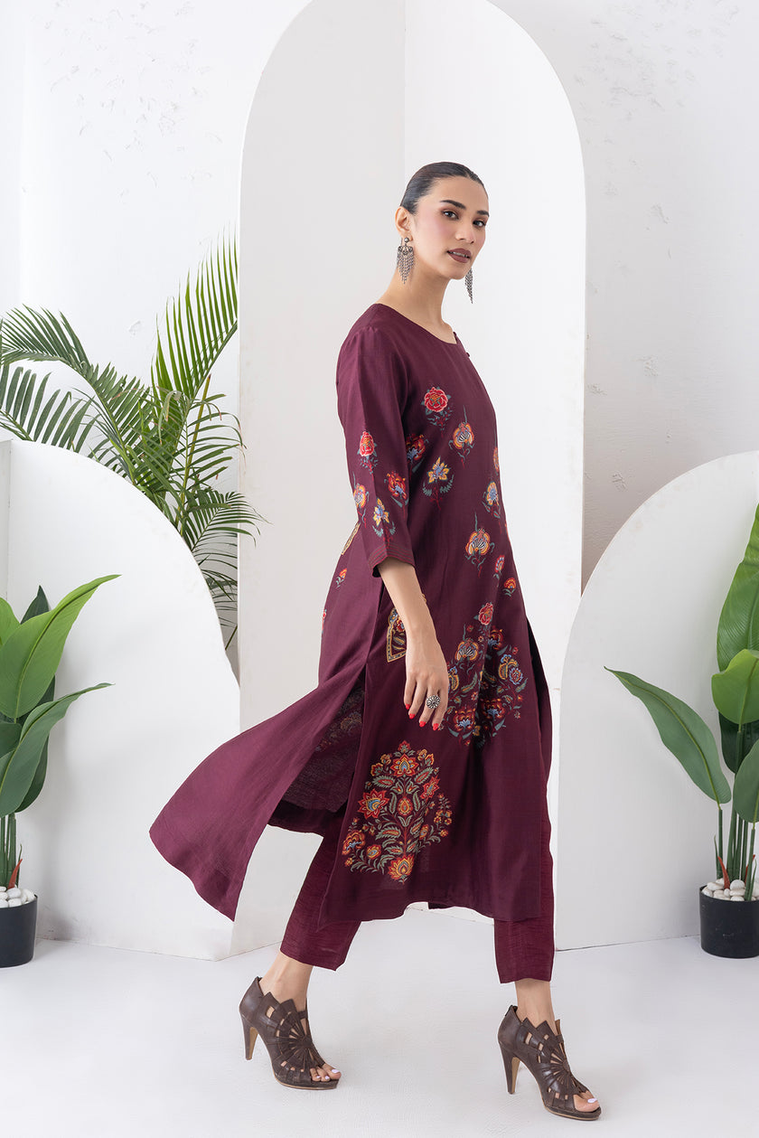 Chocolate Brown Silk Chanderi Printed Side Panel Dress (1 PC)