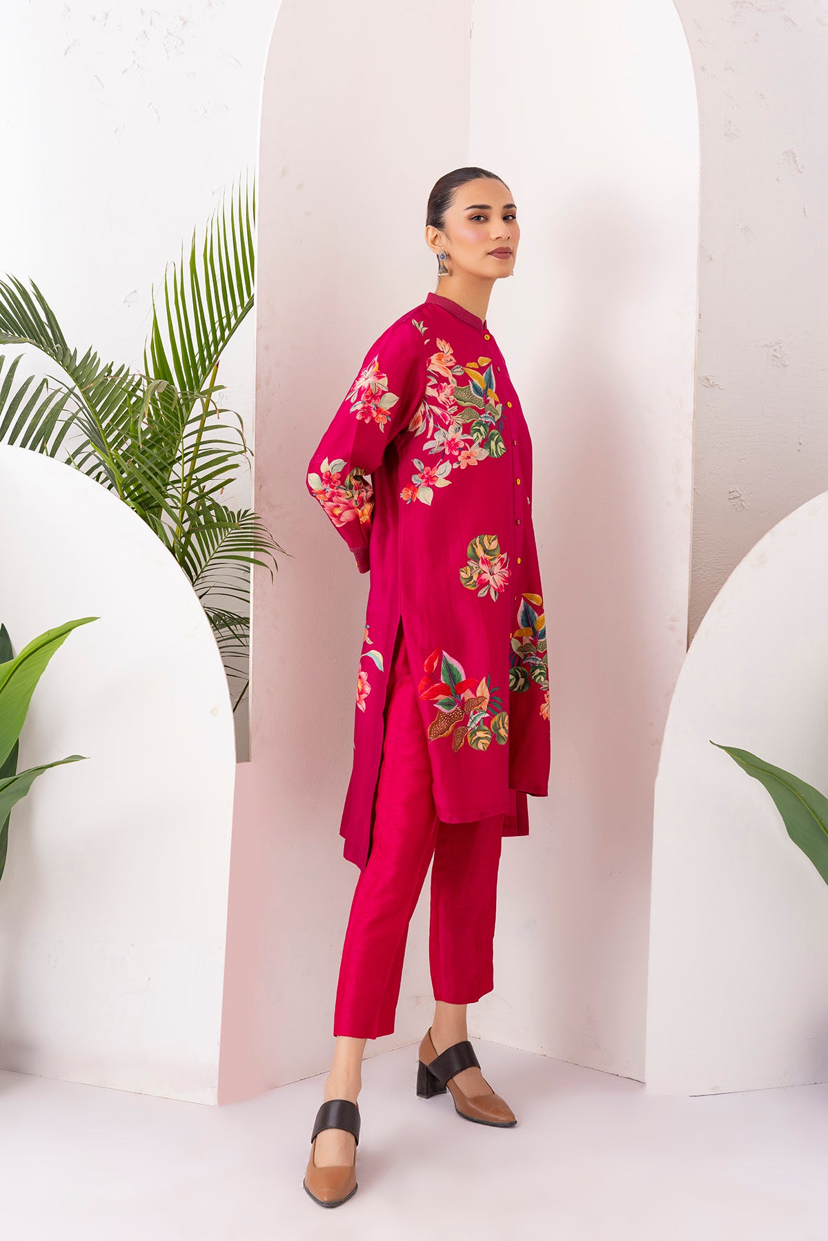 Hot Pink Silk Chanderi Floral Printed Shirt Style Tunic (1 PC)