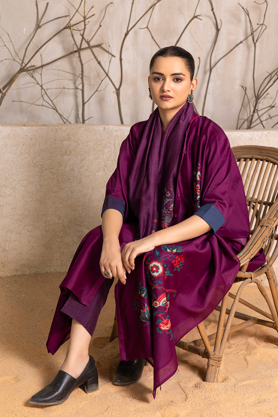 Wine Silk Chanderi Printed Kaftan Style Dress (1 PC)
