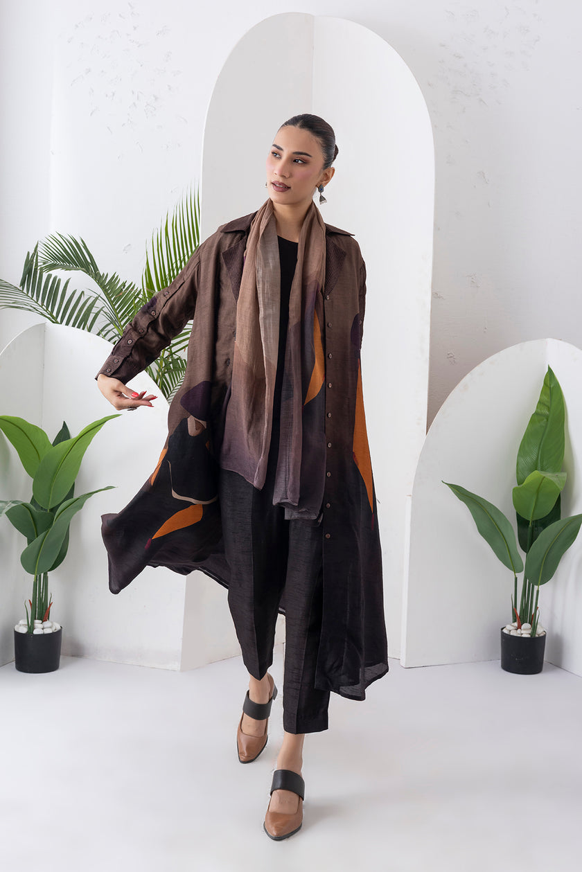 Shades Of Brown Viscose Dupion Printed Front Open Dress (1 PC)