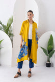 Yellow Silk Chanderi Front Open Kaftan Style Printed Dress (1 PC)