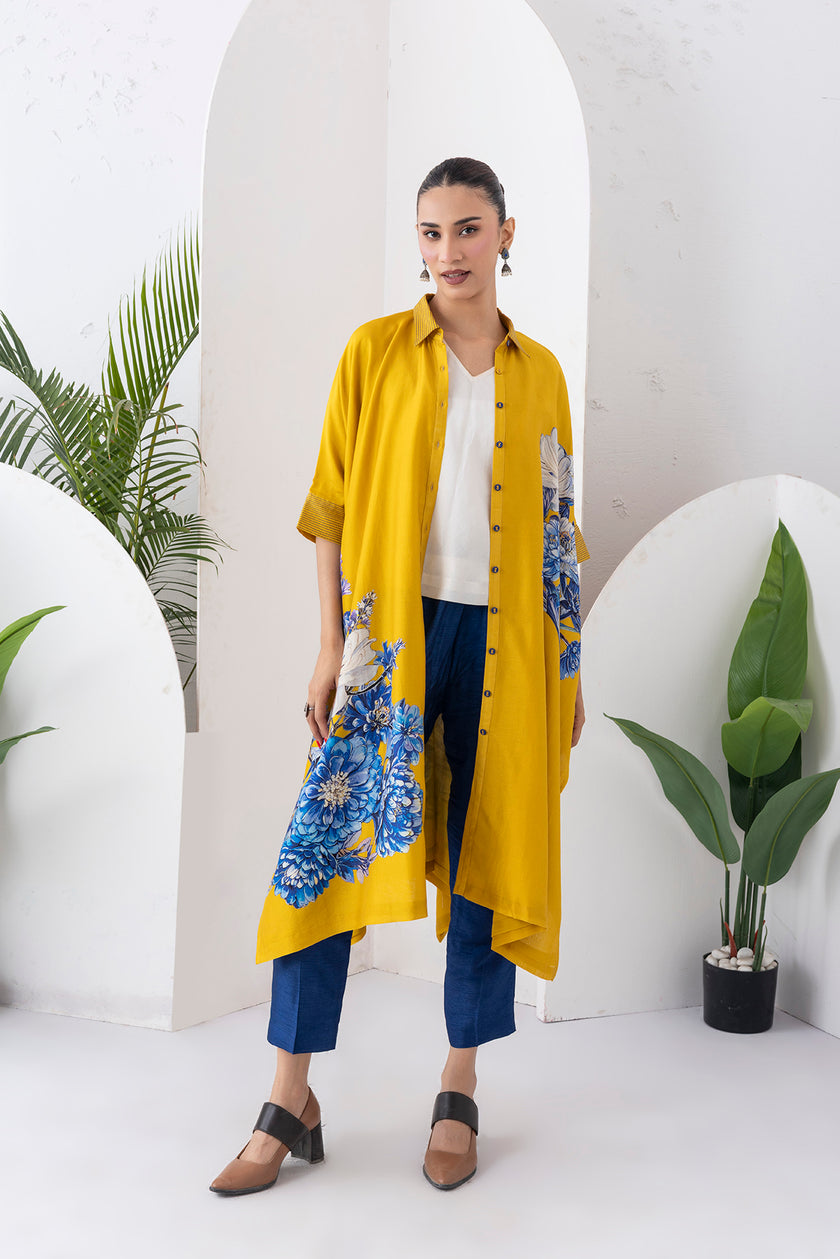 Yellow Silk Chanderi Front Open Kaftan Style Printed Dress (1 PC)