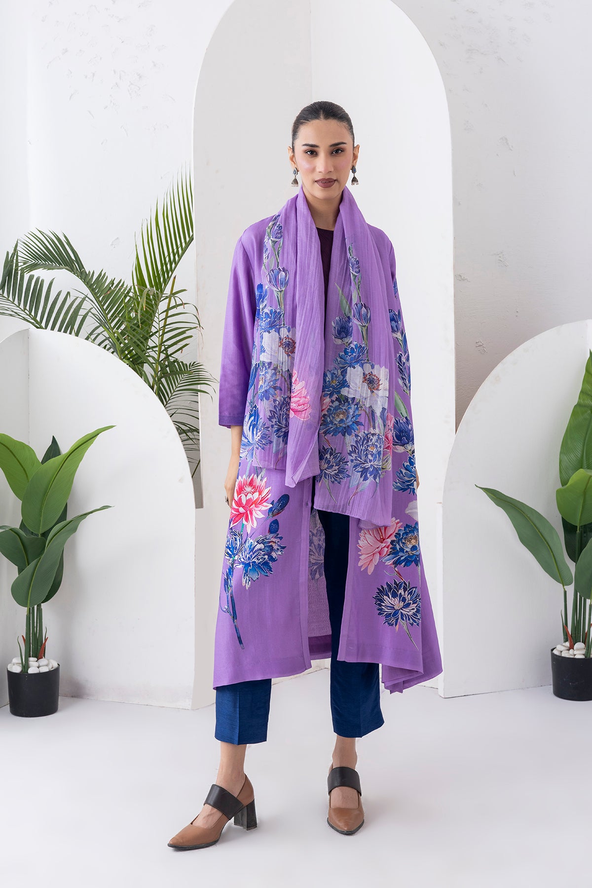 Lavender Silk Chanderi Front Open Printed Dress (1 PC)