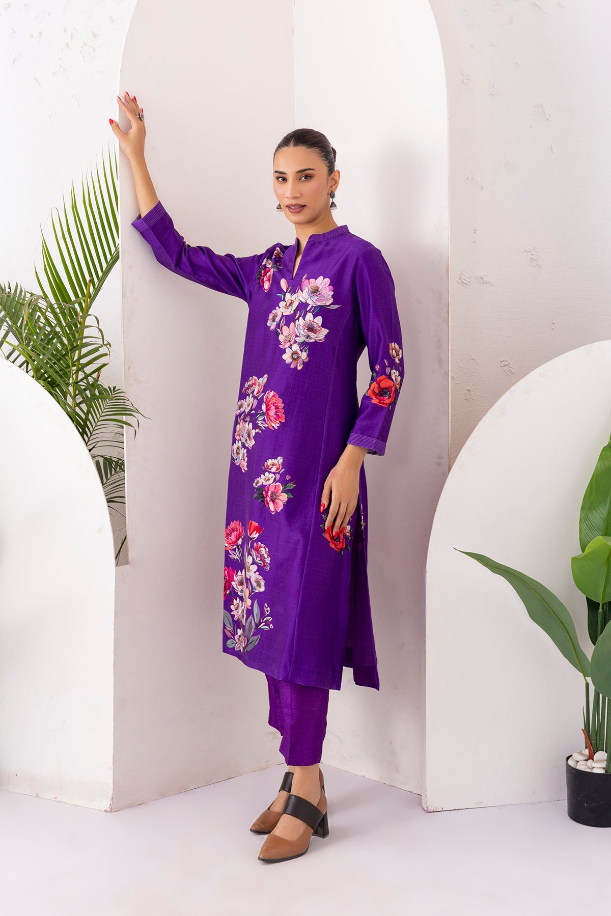 Purple Silk Chanderi Printed Tunic (1 PC)
